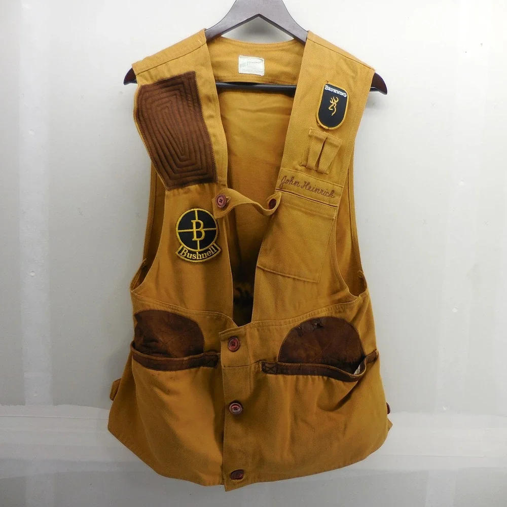 Vintage Bill Plessinger Shooting Vest Yellow Corduroy Browning Bushnell Patches